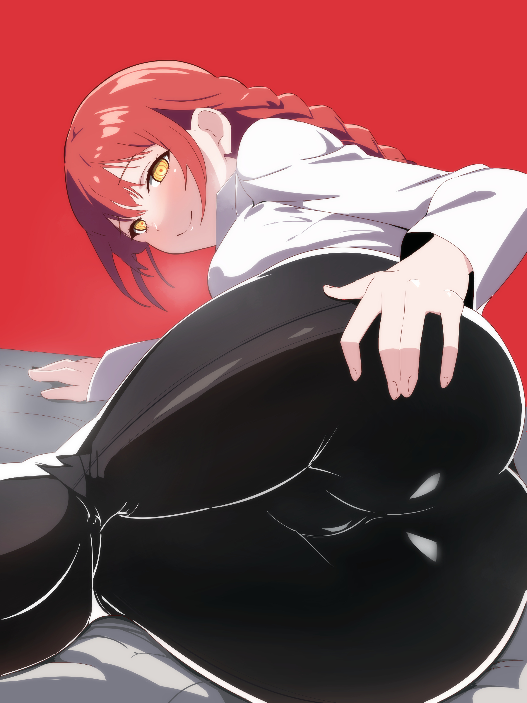 1girls, alternate version available, ass, ass focus, black pants, bottomwear, braid, chainsaw man, clothing, female, female only, hand on ass, hayashii (24184311), huge ass, large ass, looking at viewer, makima (chainsaw man), pants, red hair, shirt, smile, solo, solo female, steam, steamy, steamy breath, topwear, white shirt, yellow eyes