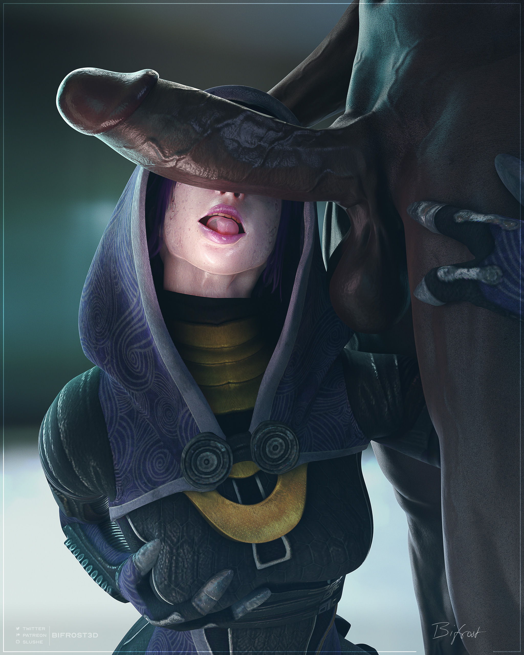 1boy, 1girls, 3d, alien, alien girl, bifrost3d, big penis, breasts, cant see the haters, clothed female, clothed female nude male, dark skin, dark-skinned male, female, hand on breast, interspecies, male, mass effect, nude male, penis, quarian, tali'zorah nar rayya
