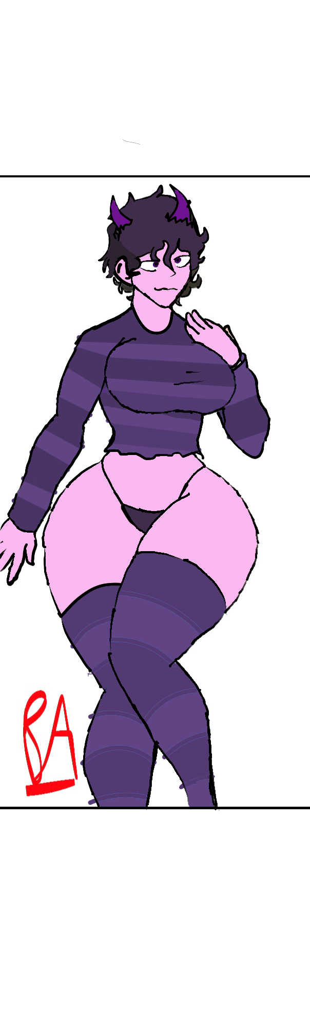 badly_drawn big_ass big_breasts clothed crop_top cross-eyed curvy eyes_crossed flat_colors g-string hip_lines horns jellybean_(mcyt) legwear messy_hair midriff no_pants purple_clothing purple_horns purple_legwear purple_thighhighs purple_topwear short_hair string_panties thigh_socks wasp_waist white_background wide_hips