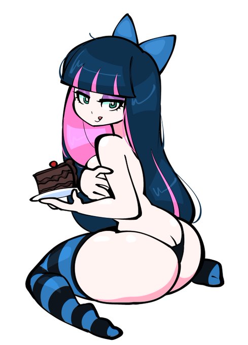 ass ass_cleavage blue_hair blue_ribbon butt_crack cake clothing covering_breasts female food green_eyes jek_korpen long_hair looking_at_viewer looking_back monster_girl panty_&_stocking_with_garterbelt ribbon solo stocking_anarchy striped_stockings thong tongue_out topless