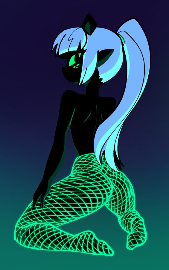 ass, blacklight, clothing, female, fishnets, jek korpen, monster girl, neon green, neon lights, nikki (jek korpen), pointy ears, ponytail, solo, topless
