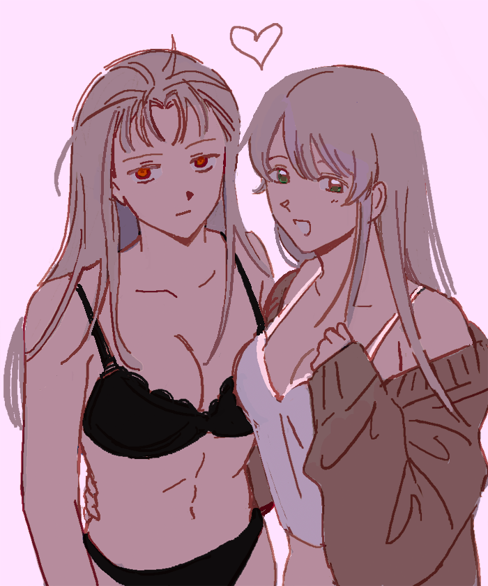 2girls alternate_costume black_bra black_panties bra cleavage colored_sketch dual_persona expressionless female female_only genderswap_(mtf) gintama green_eyes light_brown_hair long_hair looking_at_viewer off_shoulder panties red_eyes rule_63 smile ssam sweater tank_top utsuro_(gintama) yoshida_shouyo