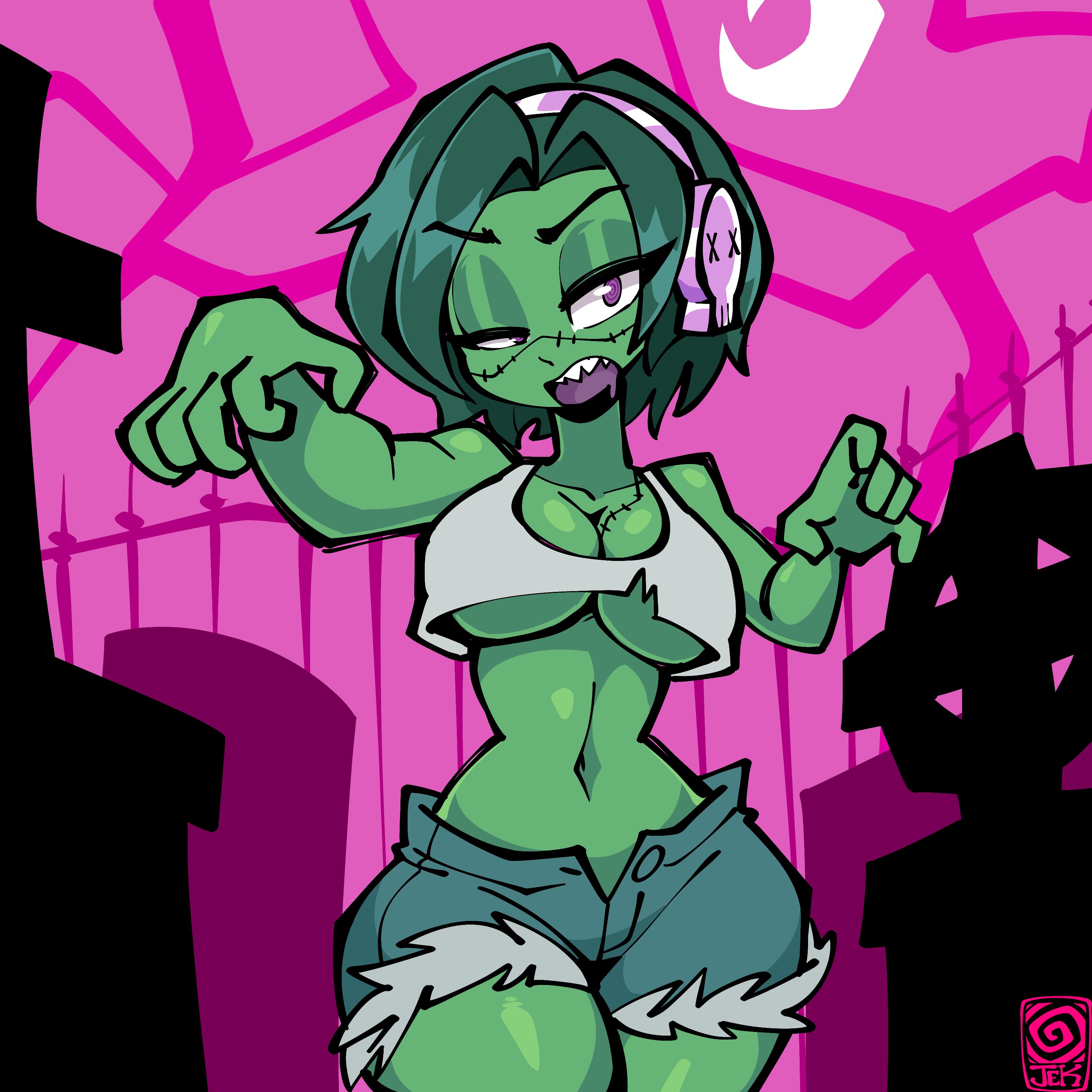 1girls, breasts, cleavage, clothed, clothing, female, green skin, green-skinned female, headphones, jek korpen, monster girl, solo, tagme, zombie, zombie girl