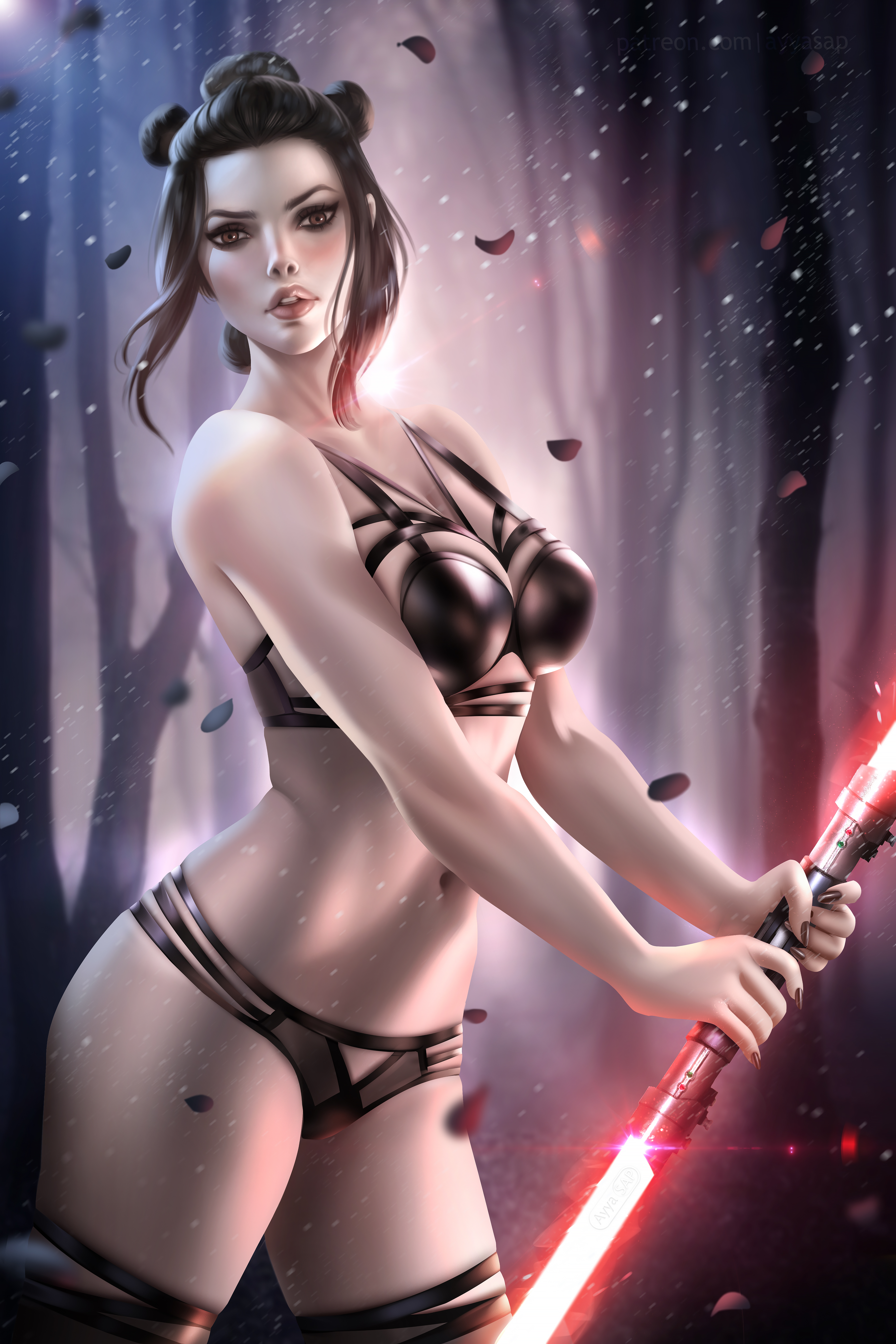 1girls, ayyasap, black hair, breasts, brown eyes, brown hair, casual, clothed, dark hair, dual-bladed lightsaber, female, female focus, female only, holding weapon, human, light skin, light-skinned female, lightsaber, lingerie, looking at viewer, outdoors, outside, painted nails, pale skin, pale-skinned female, red lightsaber, rey, sith, sith rey, snow, solo, star wars, weapon