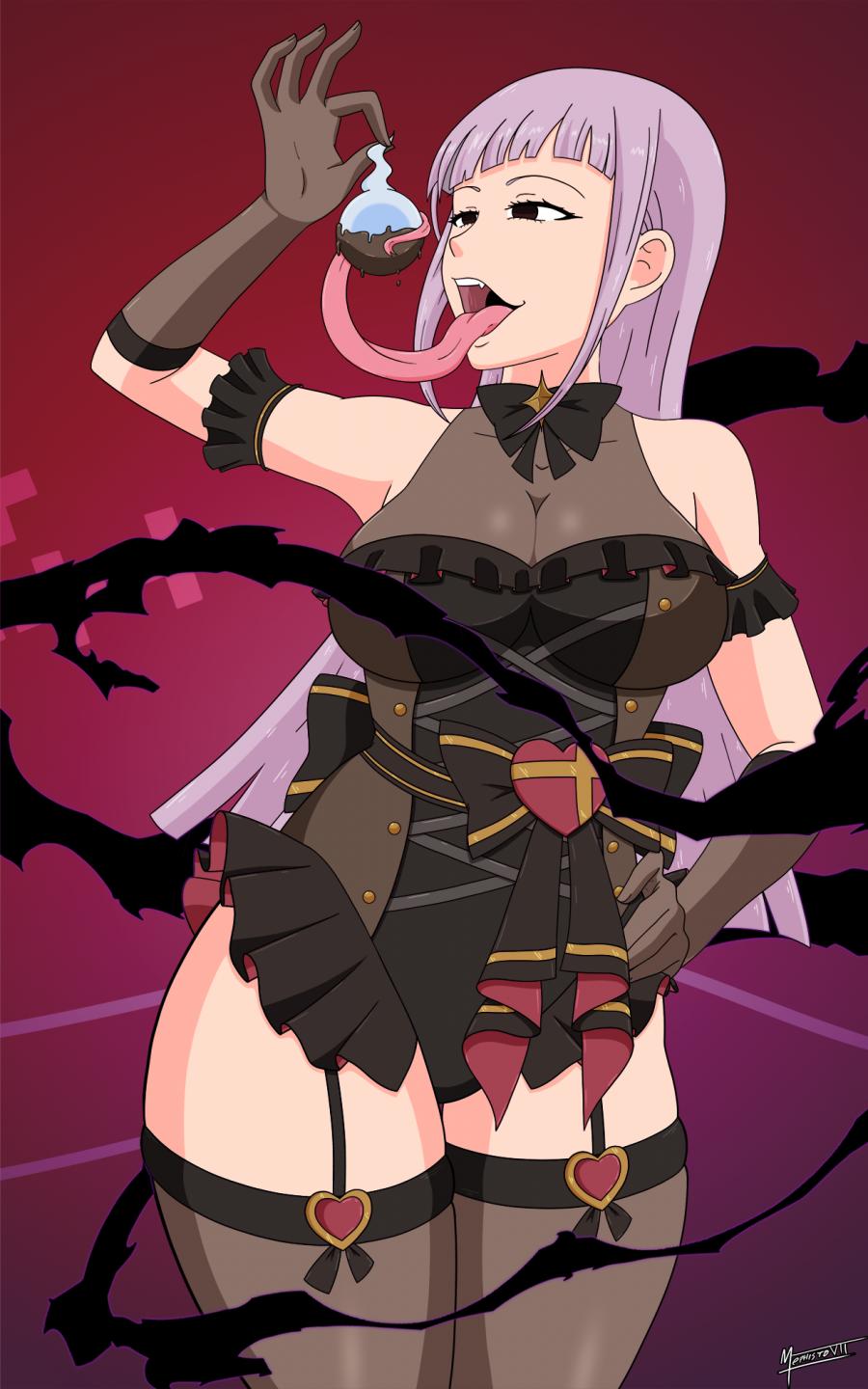 curvy, forked tongue, long tongue, melascula, melascula (dark outfit), nanatsu no taizai, open mouth, tongue, tongue out, tongue wrap, valentine's day, voluptuous, vore