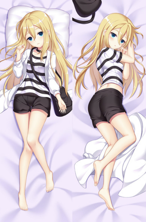 1girls angels_of_death blonde_hair blue_eyes body_pillow dakimakura_design female female_focus female_only full_body fully_clothed long_hair lying lying_on_bed pillow rachel_gardner satsuriku_no_tenshi shorts