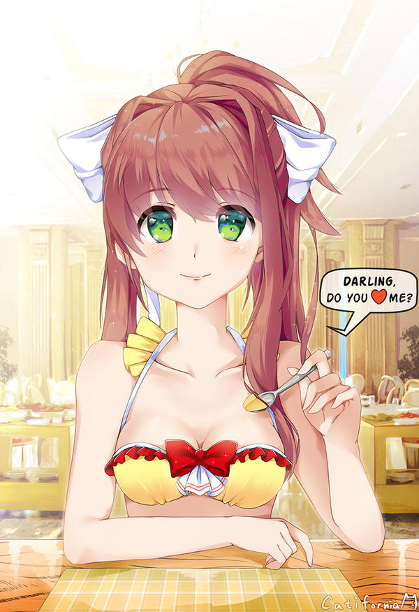 5_fingers bikini breasts catifornia cleavage dialogue doki_doki_literature_club english_text female green_eyes heart long_hair monika_(doki_doki_literature_club) pudding smile spoon text