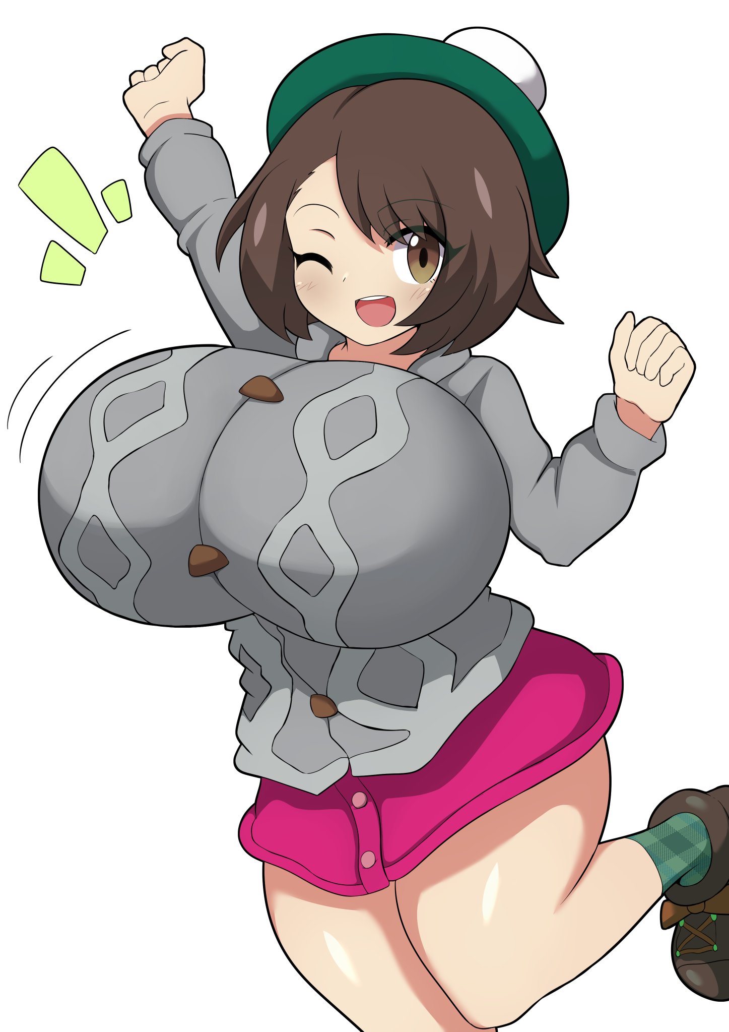 1girls, alternate breast size, big breasts, breasts, clothed, cute, female, female only, gloria (pokemon), hat, huge breasts, jaga334, jiggling breasts, large breasts, pokemon, pokemon ss, short skirt, shortstack, solo, thick thighs, wobble, wobbling breasts