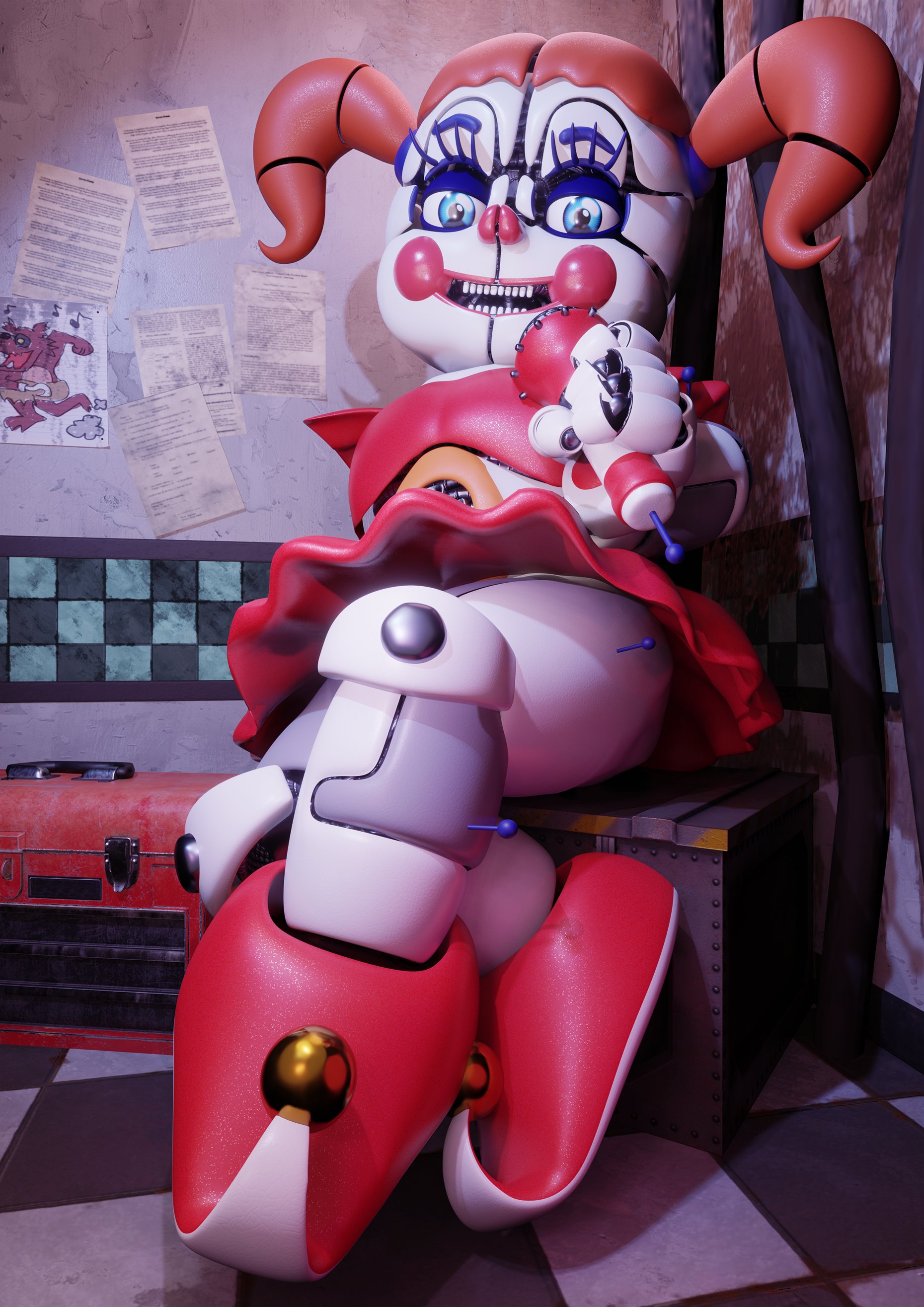 3d, 3d (artwork), accurate, animatronic, baby (fnafsl), blue eyes, canon appearance, circus baby, circus baby (fnaf), circus baby (original), clown, clown girl, female, five nights at freddy's, five nights at freddy's: sister location, footwear, full color, fully clothed, looking at viewer, microphone, no penetration, no sex, panties, robot, robot girl, sister location, sitting, solo, solo female, ultimate custom night, upskirt