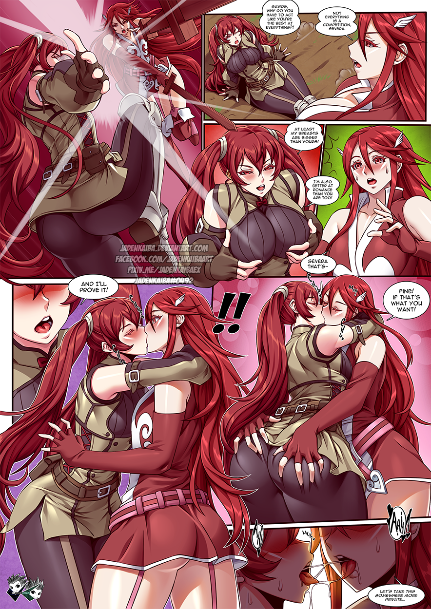 2girls ass blush breasts catfight cordelia_(fire_emblem) english_text female female_only fight fire_emblem fire_emblem_awakening hartman_hips hips hourglass_figure incest jadenkaiba kissing large_ass large_breasts long_hair medium_breasts mother_and_daughter multiple_girls nintendo red_eyes red_hair saliva_string severa_(fire_emblem) sword text twintails underass weapon wide_hips wooden_sword yuri