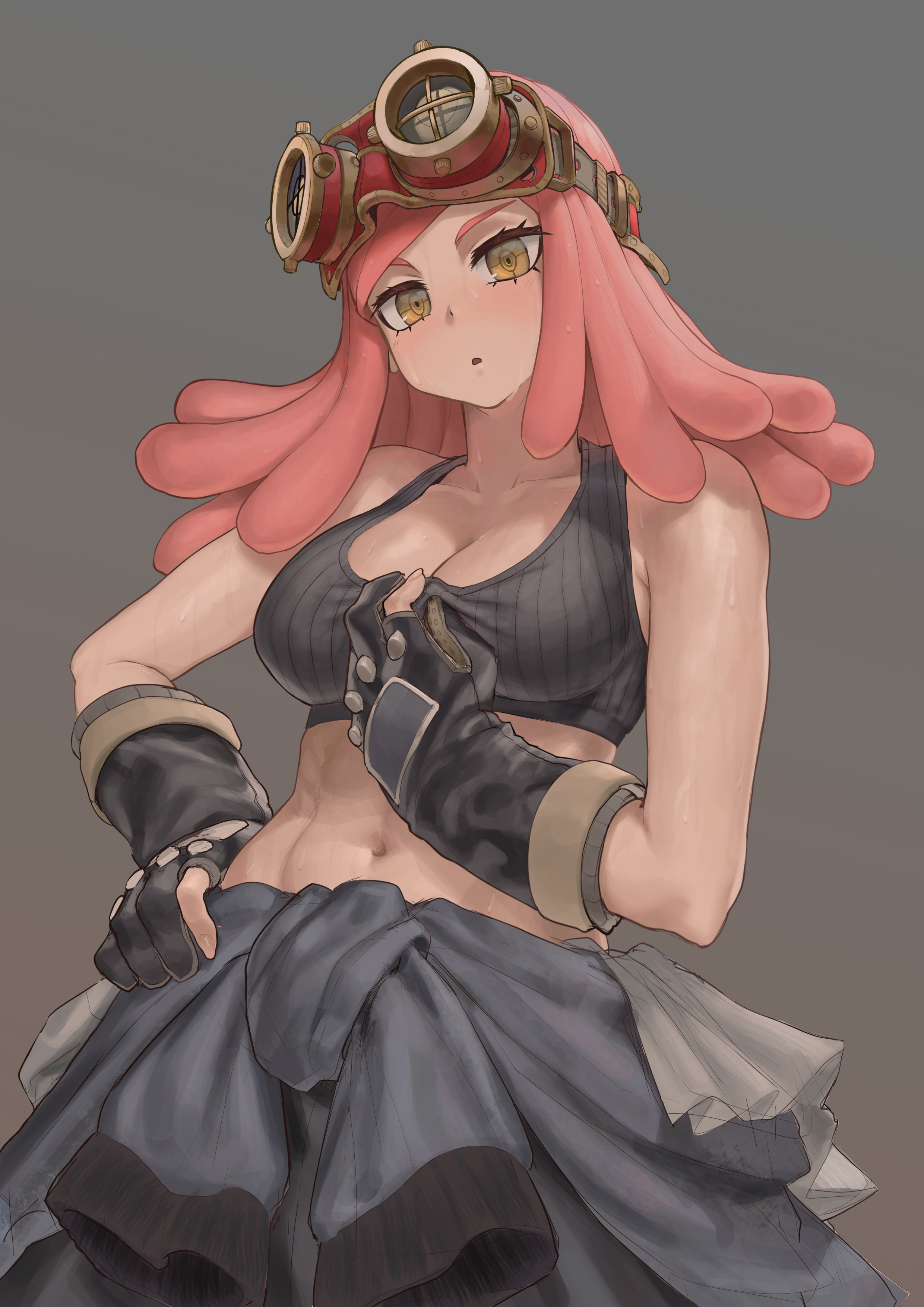 1girls, abs, breasts, cleavage, female, goggles, joshirah, mei hatsume, my hero academia, pink hair, pink-haired female, sports bra, sweat, sweating, symbol-shaped pupils