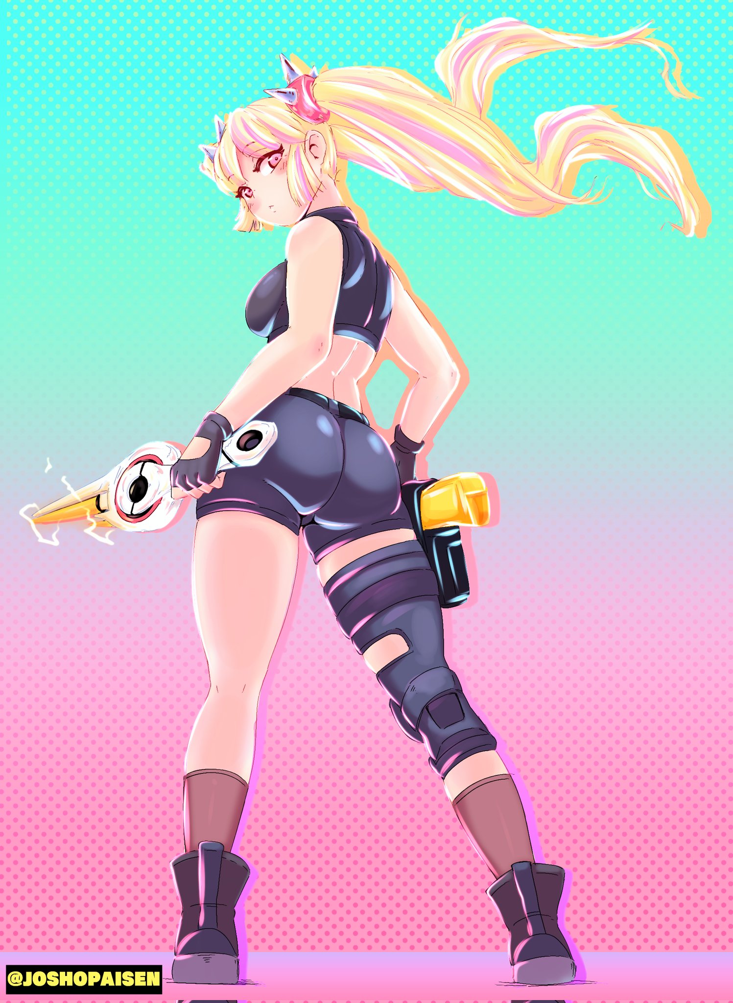 ass, blonde hair, crop top, female, female focus, female only, fortnite, fortnite: battle royale, hair, lennox rose (fortnite), shorts, twintails