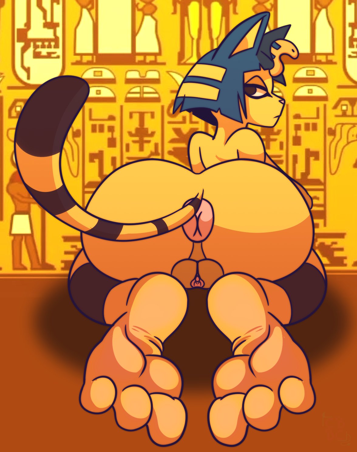 3_toes animal_crossing ankha ankha_(animal_crossing) anthro anus ass bcm13 domestic_cat feet felid feline felis female genitals hi_res looking_back mammal nintendo pussy soles toes video_games