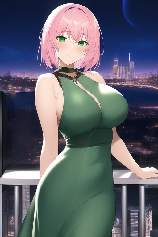 ai_generated balcony cityscape crescent_moon female green_dress green_eyes hourglass_figure large_breasts nai_diffusion night piercing sentinel_axis sleeveless_dress smile solo solo_focus stable_diffusion