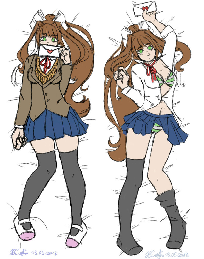 2018 blue_skirt body_pillow_design bra breasts brown_hair dakimakura_design dated doki_doki_literature_club envelope female frilled_bra frilly_bra green_eyes letter long_hair mail matching_underwear monika_(doki_doki_literature_club) panties shimapan shoes skirt socks