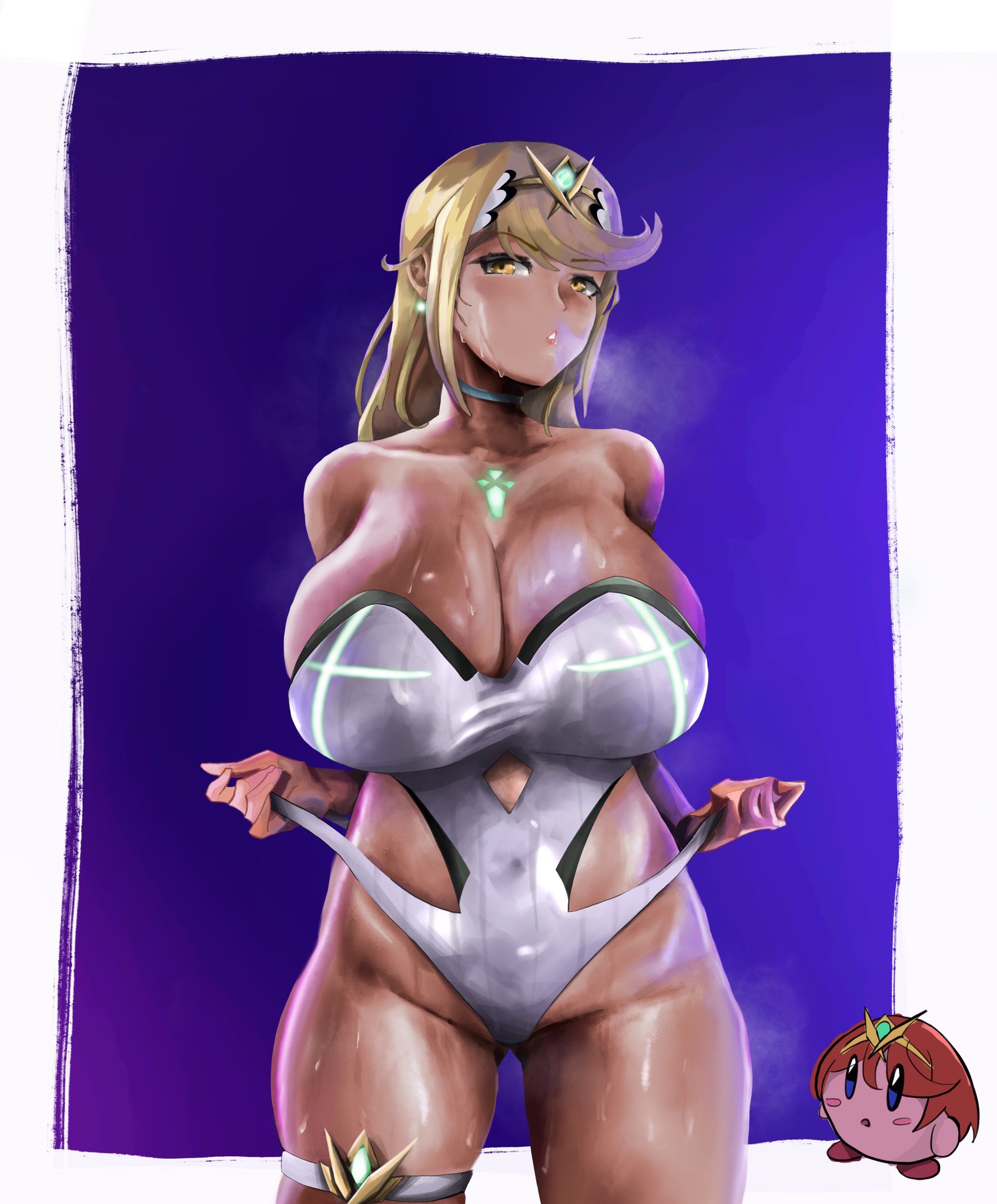 2girls, ass, big ass, big breasts, blonde hair, breasts, bursting breasts, cleavage, female, female only, kirby, kirby (series), light skin, light-skinned female, multiple females, multiple girls, mythra, nintendo, pyra, sideboob, sunzo05, super smash bros., thick thighs, wide hips, xenoblade (series), xenoblade chronicles 2