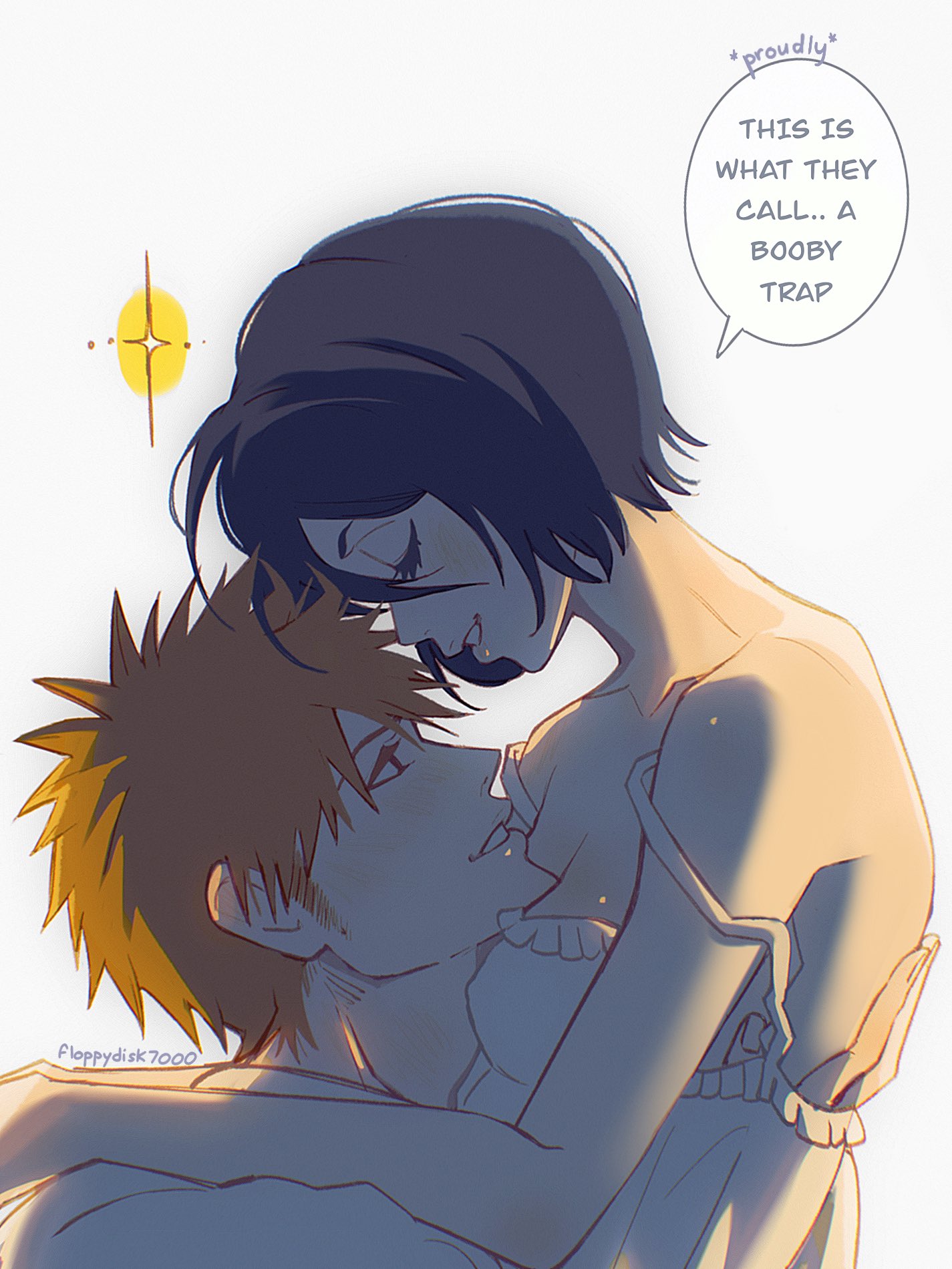 1boy, 1girls, arms around neck, bleach, breasts, english text, face between breasts, fanon couple, female, floppydisk7000, ginger, hand under clothes, hugging, ichigo kurosaki, kuchiki rukia, male, male/female, orange hair, pun, romantic, romantic ambiance, romantic couple, short-haired female, smile, smiling, smiling at another, smiling at partner, straight, text, wholesome