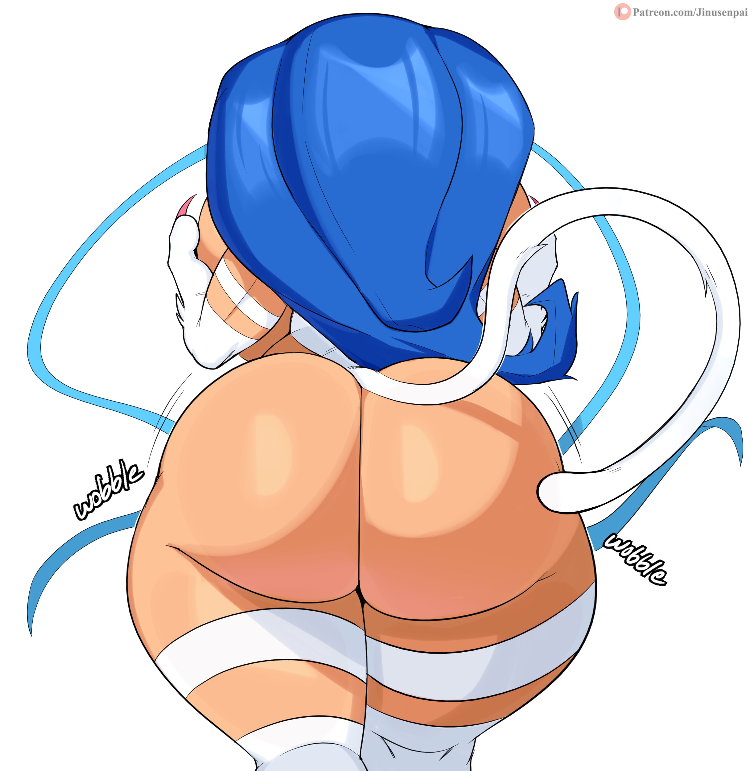 1girls, animal hands, animal legs, ass, ass focus, ass shake, big ass, big butt, blue hair, capcom, cat tail, darkstalkers, english text, felicia, felicia (darkstalkers), female, female only, jinu, large ass, long hair, rear view, simple background, solo, solo female, text, thick thighs, voluptuous, white background, wide hips, wobble