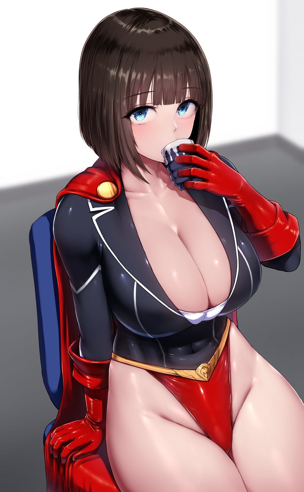 1girls big_breasts blue_eyes blush blush_lines blushing_at_viewer breasts brown_hair cape chair cleavage collarbone covered_navel cup drinking eyebrows_visible_through_hair female female_only gloves hi_res high_resolution highleg highleg_leotard highres holding holding_cup holding_object indoors ishimiso_(ishimura) large_breasts leotard light-skinned_female light_skin looking_at_viewer looking_up metal_girl_(ishimiso) on_chair original red_cape red_gloves shiny shiny_clothes shiny_hair shiny_skin short_hair sitting sitting_on_chair solo superhero superhero_costume superheroine thighs