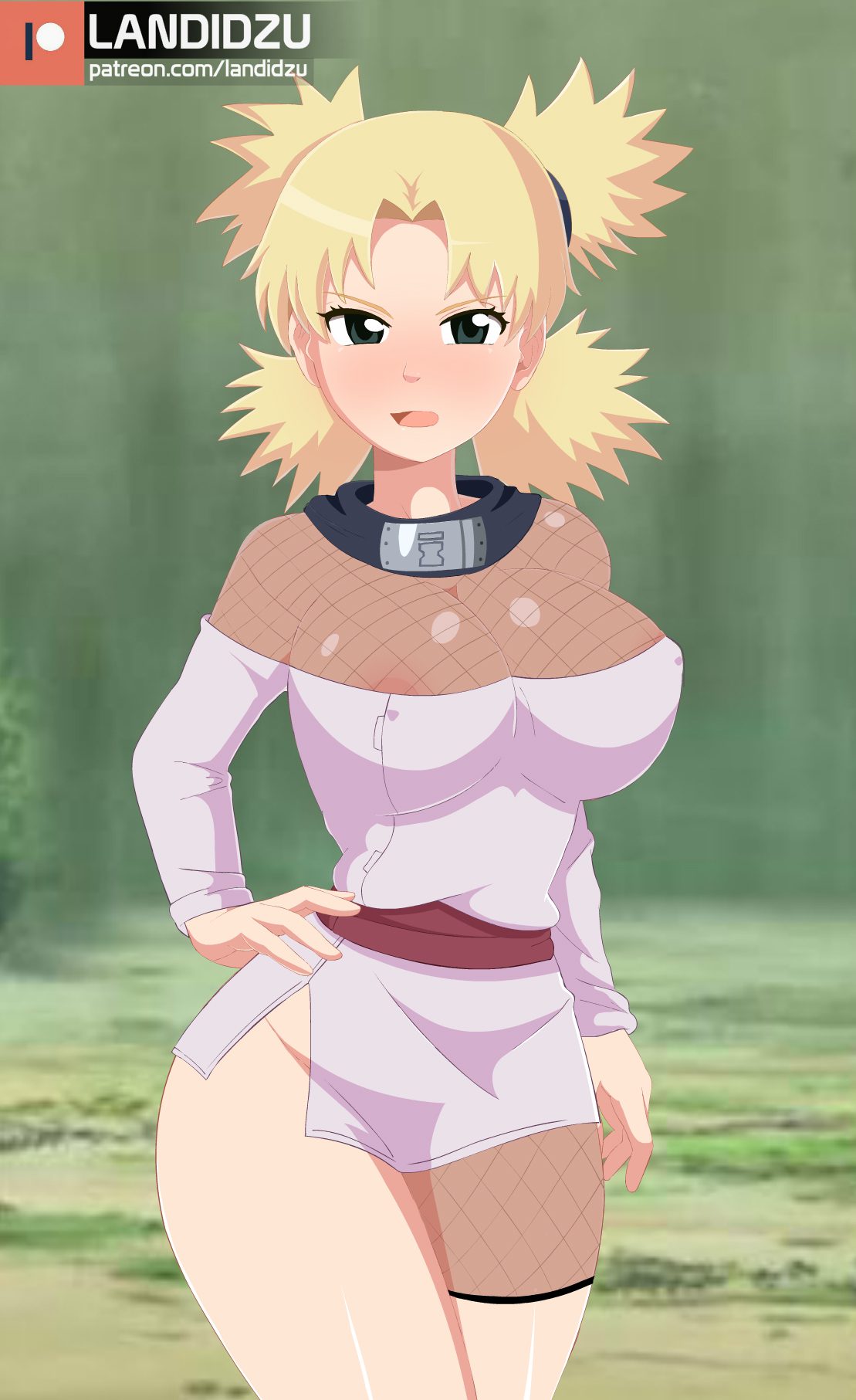 1girls, areolae, bare thighs, big breasts, blonde hair, blonde-haired female, blush, bodysuit, breasts, busty, cleavage, clothed, clothing, dress, female, female focus, female only, fishnet, fishnet bodysuit, fishnets, green eyes, hand on hip, landidzu, large areolae, large breasts, light skin, light-skinned female, looking at viewer, naruto, naruto (classic), naruto (series), nipples, no bra, no panties, open mouth, pale skin, pale-skinned female, pink nipples, pinup, pose, posing, revealing clothes, short dress, shounen jump, solo, solo female, solo focus, spiky hair, temari, thick thighs, thighs, tied hair, twintails, wide hips
