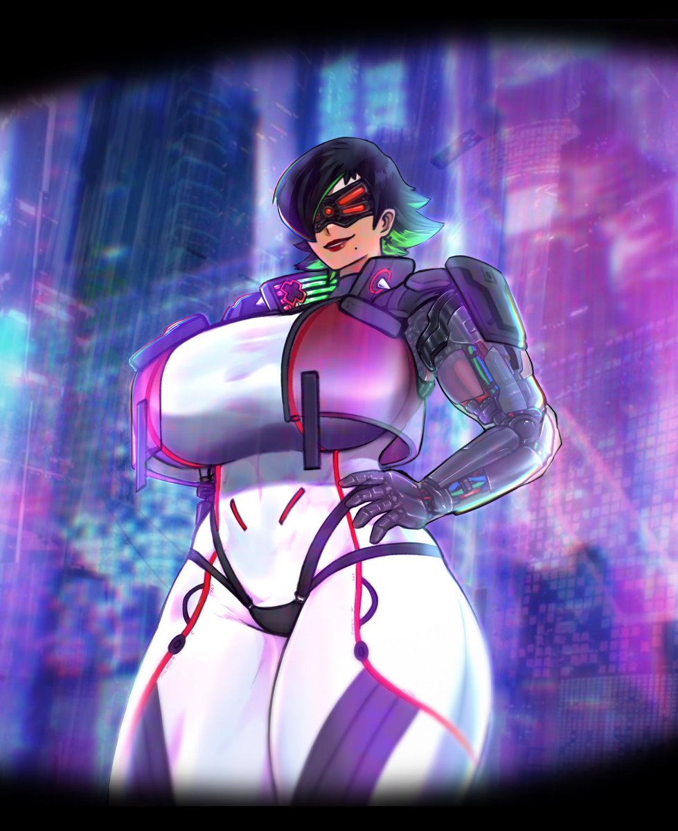 1girls avis_(strangehero) big_breasts cybernetics cyberpunk cyberpunk_2077 female futuristic_clothing huge_breasts policewoman science_fiction short_hair solo_female strangehero thick_thighs wide_hips