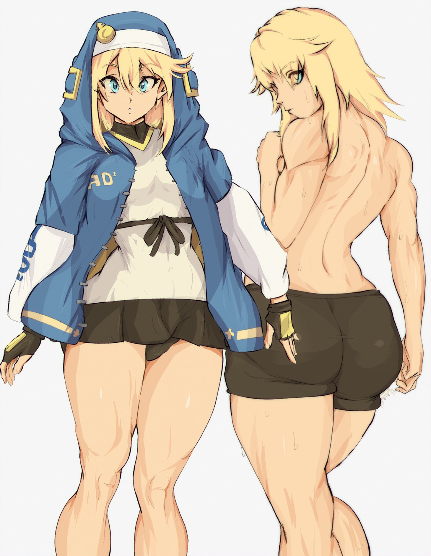 back muscles, blonde hair, blue eyes, bridget, futanari, guilty gear, highres, hood, hood up, hoodie, intersex, jacket, long hair, long sleeves, looking at viewer, looking back, muscular, muscular back, nun outfit, nun's habit, solo, yoracrab
