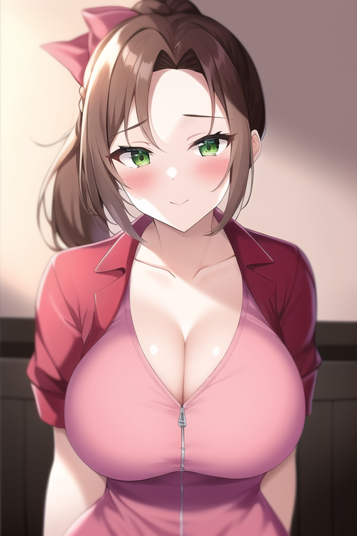 1girls, aerith gainsborough, ai generated, alternate breast size, breasts, brown hair, cropped jacket, dress, female, final fantasy, final fantasy vii, final fantasy vii remake, green eyes, huge breasts, jacket, light skin, light-skinned female, long hair, looking at viewer, nai diffusion, pink dress, ponytail, short dress, smile, stable diffusion