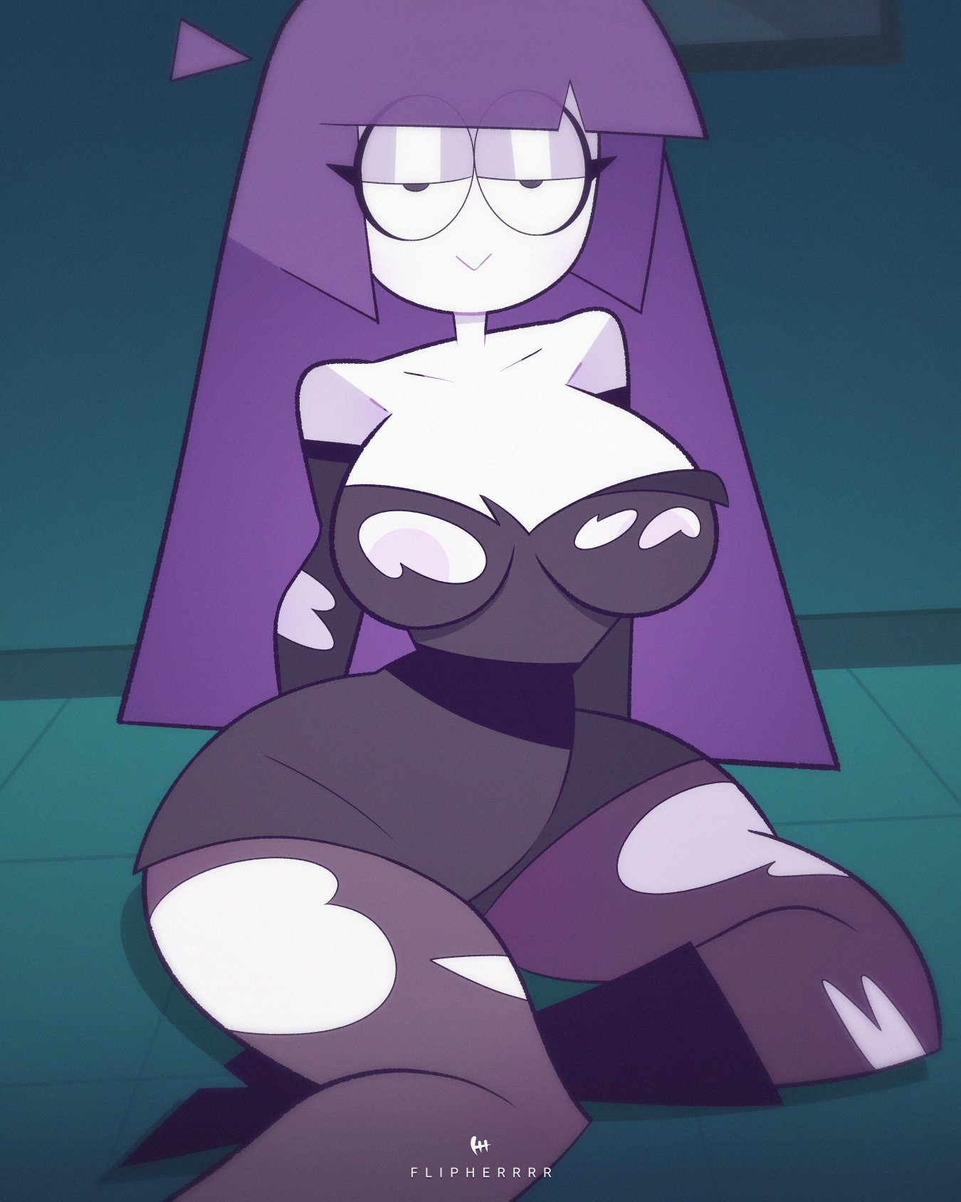 1girls, 2022, bedroom eyes, big breasts, boots, breasts, female, female only, flipherrrr, fliphrrr, lila (spooky month), long hair, looking at viewer, milf, mother, purple hair, ripped clothing, seductive, sitting, solo, spooky month, thick thighs, torn clothes, torn legwear, white body