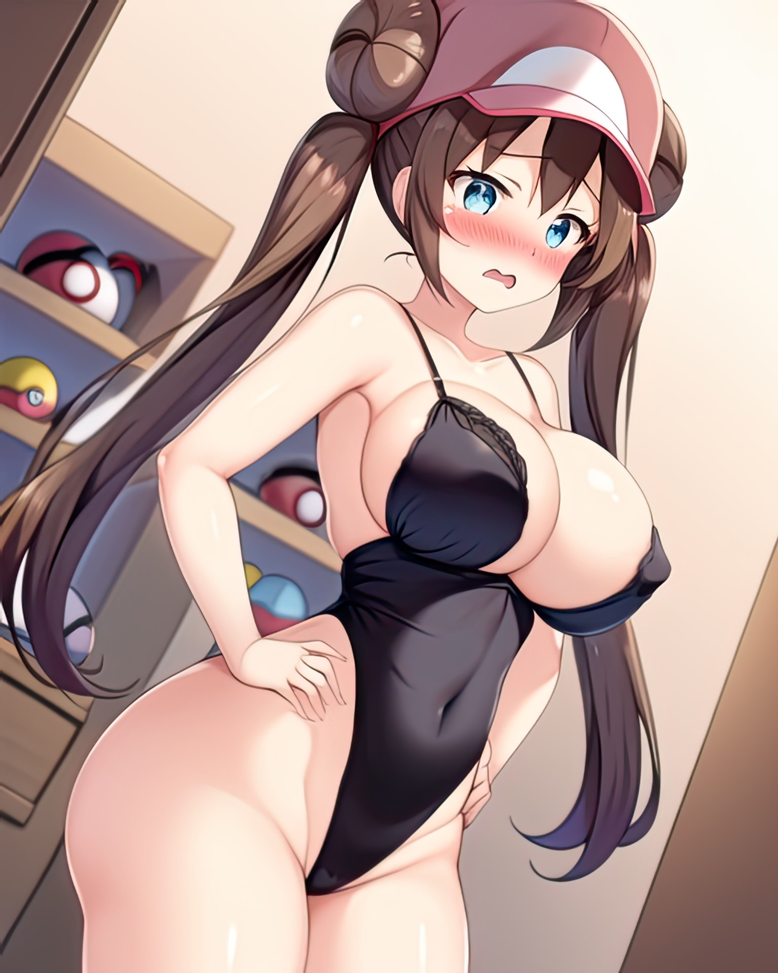 1girls, ai generated, alternate breast size, blue eyes, blush, breasts, brown hair, embarrassed, female, game freak, hand on hip, hips, huge breasts, light skin, light-skinned female, long hair, nai diffusion, nintendo, pokemon, pokemon bw2, rosa (pokemon), slim waist, stable diffusion, thick thighs, thighs, twin buns, twintails, wide hips