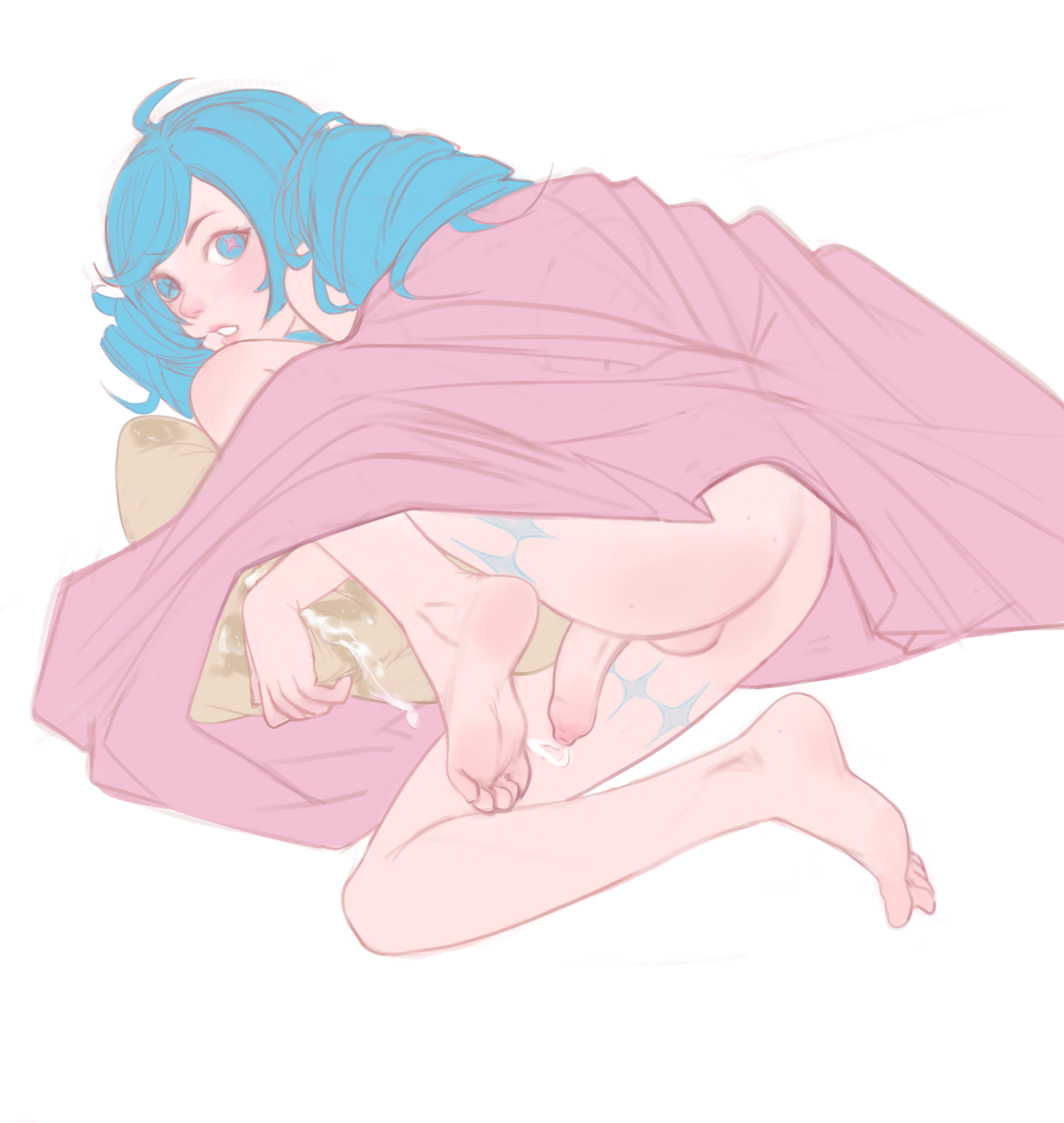 1futa, absurdres, after masturbation, after orgasm, ass, balls, bangs, barefoot, blanket, blue hair, cum, cum on legs, drill hair, feet, from above, futa only, futanari, green eyes, green hair, gwen (league of legends), gwensoftpinktoes, highres, horny, human, intersex, knee up, league of legends, light skin, light-skinned futa, long hair, lying, nude, on side, penis, pillow, self upload, simple background, solo, teeth, testicles, twin drills, twintails, white background