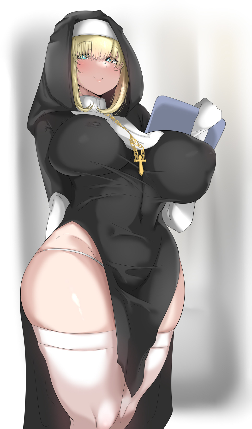 1girls blonde_hair blue_eyes blush breasts cross_necklace double_slit_dress dress female high_slit_dress hips huge_breasts hyuuman light-skinned_female light_skin medium_hair nun nun's_habit nun_outfit oc original_character panties side_slit skindentation slim_waist slit_dress smile thick_thighs thighhighs thighs wide_hips