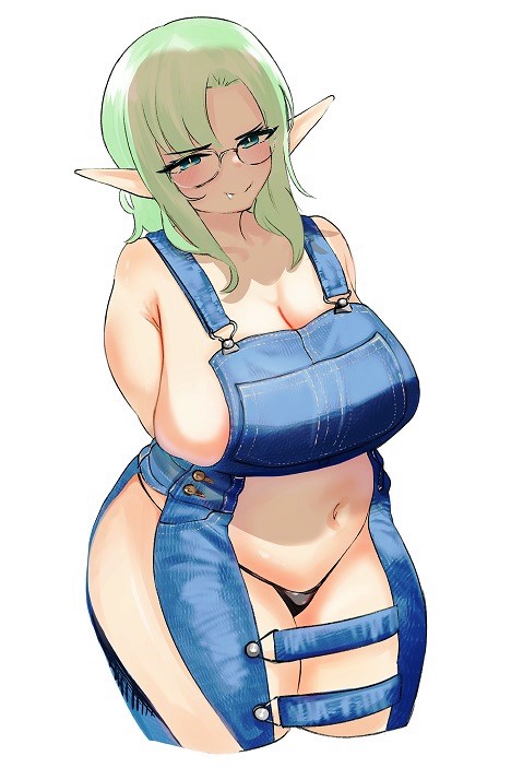 1girls 2021 belly big_breasts breasts chubby cleavage denim denim_bottomwear elf elf_ears female female_focus glasses green_hair hips large_breasts medium_hair no_bra overalls sideboob simple_background solo solo_female solo_focus stomach_cutout takayafu thick_thighs thigh_cutout thighs thong white_background wide_hips