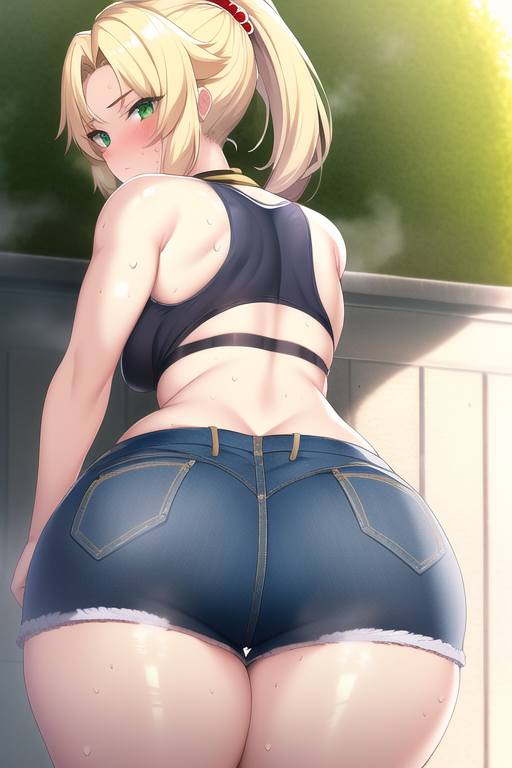 1girls, ai generated, alternate breast size, ass, back, back view, blonde hair, booty shorts, breasts, fate (series), fate/apocrypha, fate/grand order, female, green eyes, hips, huge ass, large breasts, light skin, light-skinned female, medium hair, mordred (fate), nai diffusion, ponytail, short shorts, shorts, slim waist, stable diffusion, tank top, thick thighs, thighs, wide hips