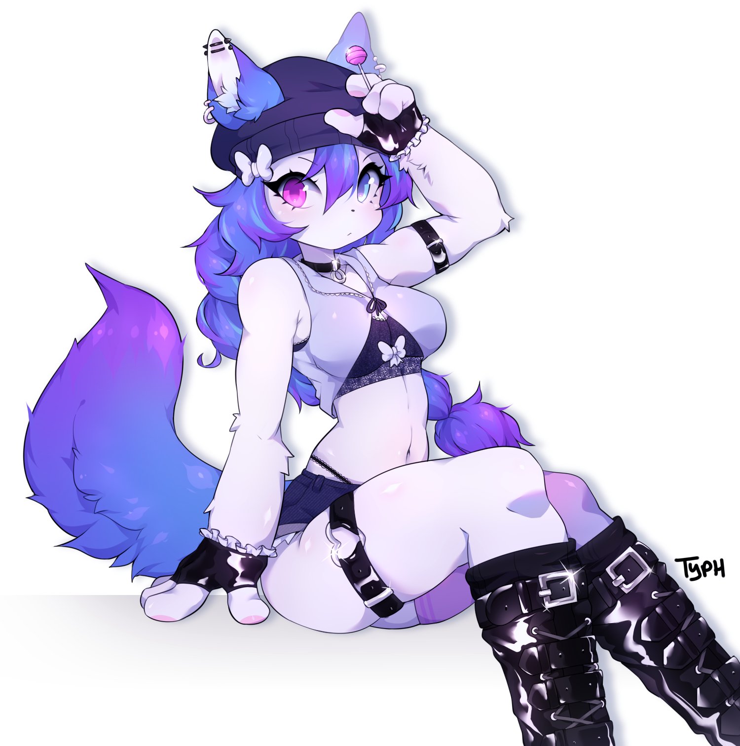 blue eyes, bow, buckle, choker, crispytyph, denim shorts, ear piercing, fingerless gloves, frilled gloves, frills, fur, furry, furry tail, gloves, leather, leather boots, lollipop, looking at viewer, purple eyes, purple hair, purple tail, tail, text, typh, white hair