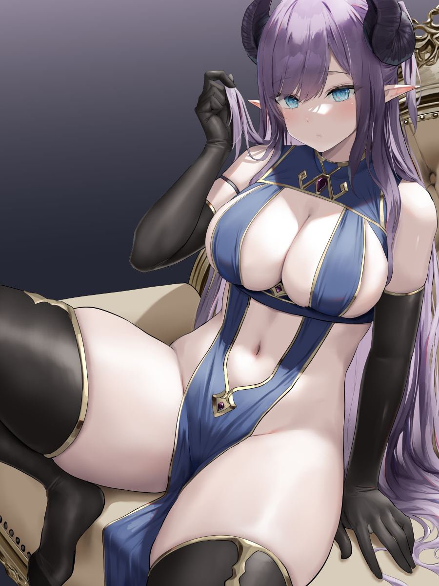 1girls, bangs, bare shoulders, black gloves, black thighhighs, blue eyes, blush, breasts, chair, cleavage, closed mouth, elbow gloves, female, gloves, hand up, horns, large breasts, long hair, looking at viewer, no panties, oekakizuki, original, pelvic curtain, pointy ears, purple hair, sideboob, sitting, skindentation, solo, thick thighs, thighhighs, thighs