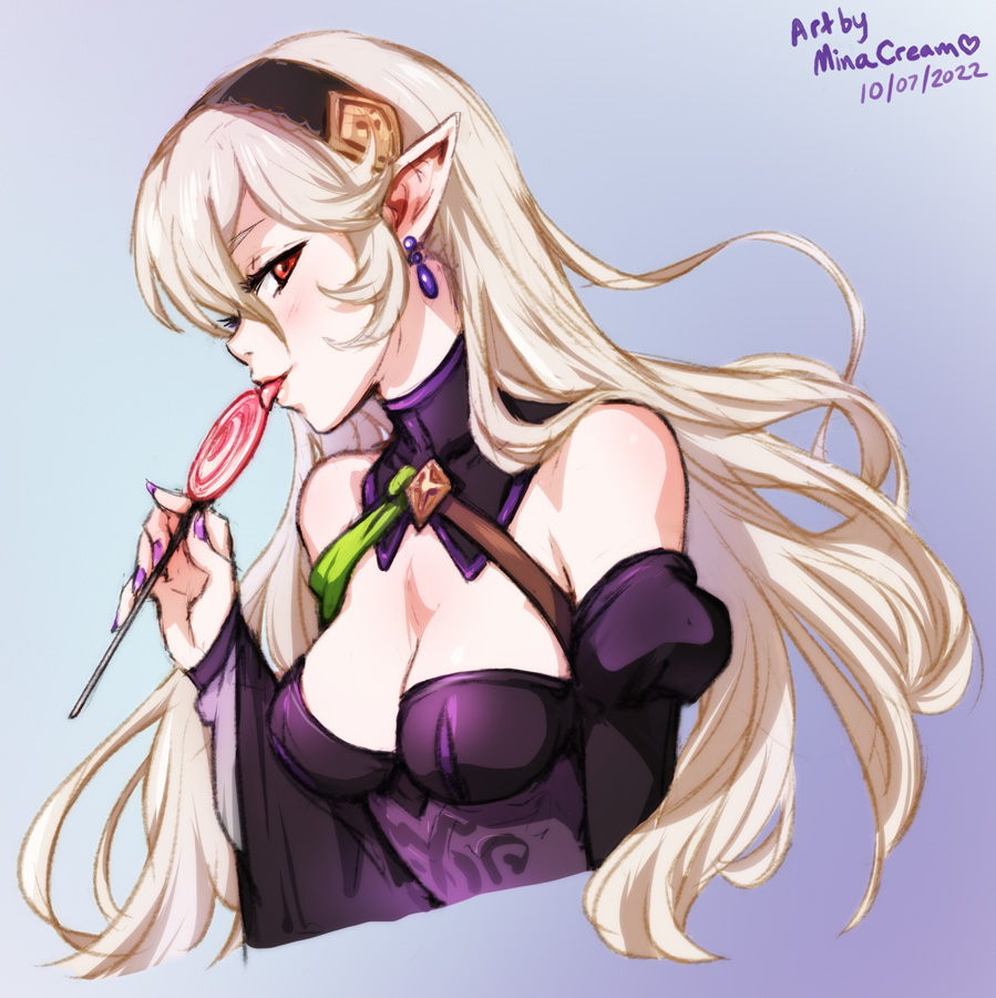 1girls alternate_costume breasts cleavage corrin_(female)_(fire_emblem) corrin_(female)_(halloween)_(fire_emblem) corrin_(fire_emblem) earrings eating female female_only fire_emblem fire_emblem_fates fire_emblem_heroes food halloween halloween_costume licking lollipop long_hair medium_breasts minacream nintendo official_alternate_costume red_eyes seductive solo tongue tongue_out white_hair witch