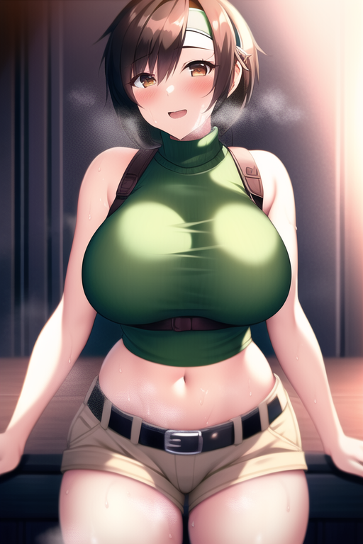 1girls, aged up, ai generated, alternate breast size, breasts, brown eyes, brown hair, female, final fantasy, final fantasy vii, final fantasy vii remake, hips, huge breasts, light skin, light-skinned female, nai diffusion, short hair, slim waist, stable diffusion, thick thighs, thighs, wide hips, yuffie kisaragi