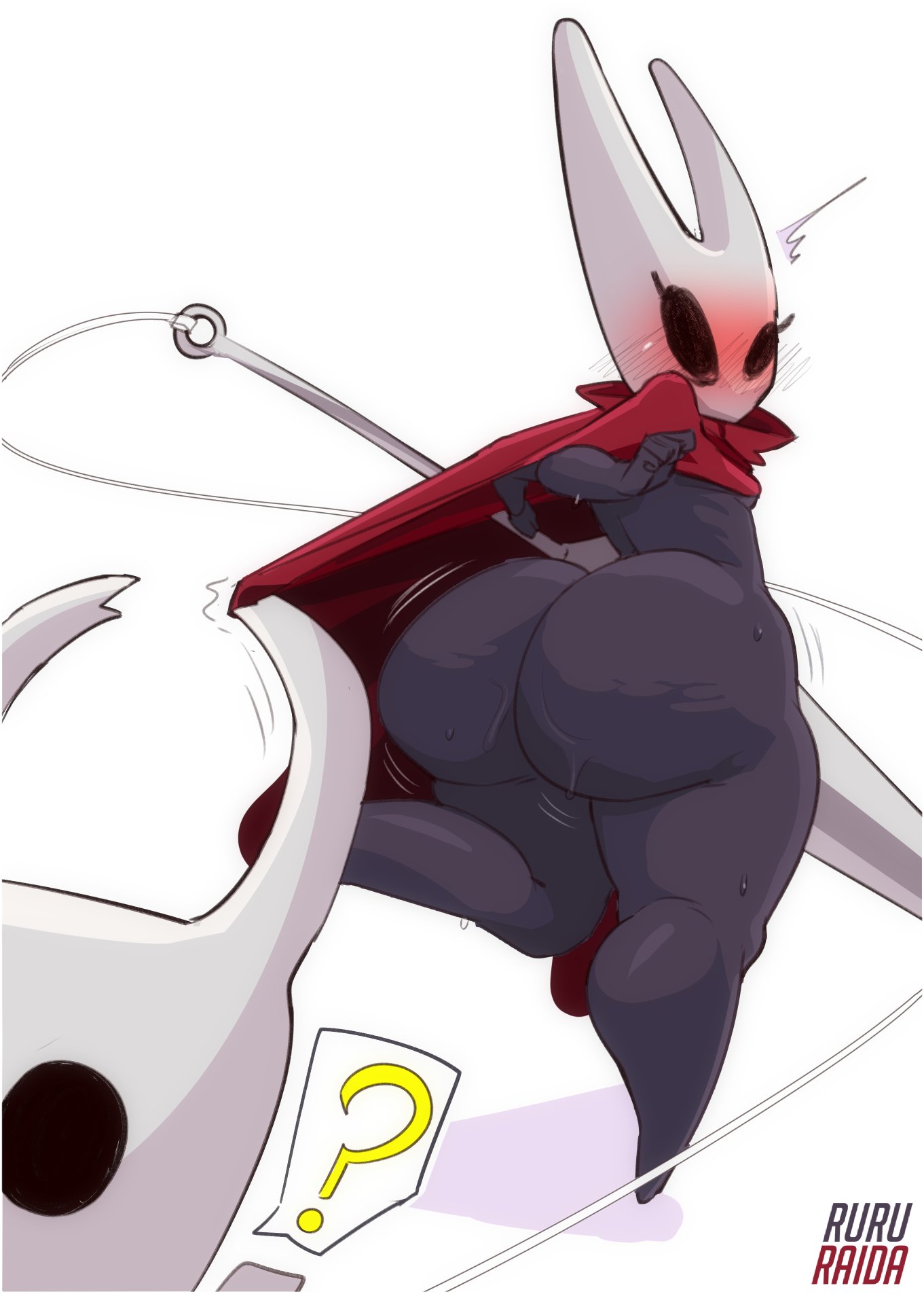 ?, anthro, ass, big ass, big butt, black body, black eyes, blush, blushing, eyelashes, female, hollow knight, hornet (hollow knight), horns, mouthless, no mouth, possibly female, red clothing, ruru-raida, sweat, sweatdrop, the knight (hollow knight), thick thighs, thighs, white background