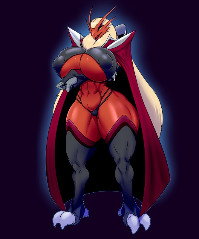 1girls, 2022, bedroom eyes, ber00, big breasts, black sling bikini, blaziken, blonde hair, breasts, clothing, female, female only, full body, furry, g-string, hourglass figure, huge breasts, monster girl, mostly nude, muscular, muscular female, pokemon, pokemon (species), pokemon humanoid, skimpy, slim waist, smile, solo, solo female, thighhighs, wide hips