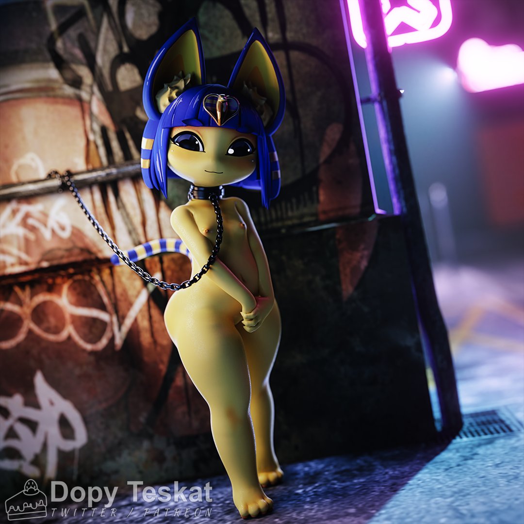 :3, 1girls, 3d, 3d (artwork), 3d model, alley, alleyway, animal crossing, ankha, ankha (animal crossing), ankha (zy0n7), anthro, barefoot, blue hair, blush, collar, dopyteskat, doubutsu no mori, egyptian, egyptian mythology, feline, female, flat chest, furry, graffiti, hair ornament, leash, looking at viewer, mammal, nairu (doubutsu no mori), naked, nintendo, nude, outdoors, petite, slave, small breasts, solo, solo female, tagme, urban, yellow fur, zy0n7