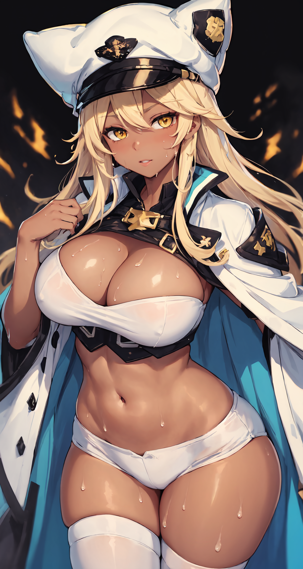 1girls 2023 ai_generated anime_nose blonde_hair blush boyshorts cape cat_ear_hat cleavage cleavage_window clothed curvaceous curvy_body curvy_female dark-skinned_female dark_skin female_focus female_only guilty_gear huge_breasts legwear long_hair looking_at_viewer ramlethal_valentine seductive_look short_shorts solo_female solo_focus stable_diffusion sweat tan-skinned_female tan_skin thick_thighs underwear uniform voluptuous voluptuous_female yellow_eyes