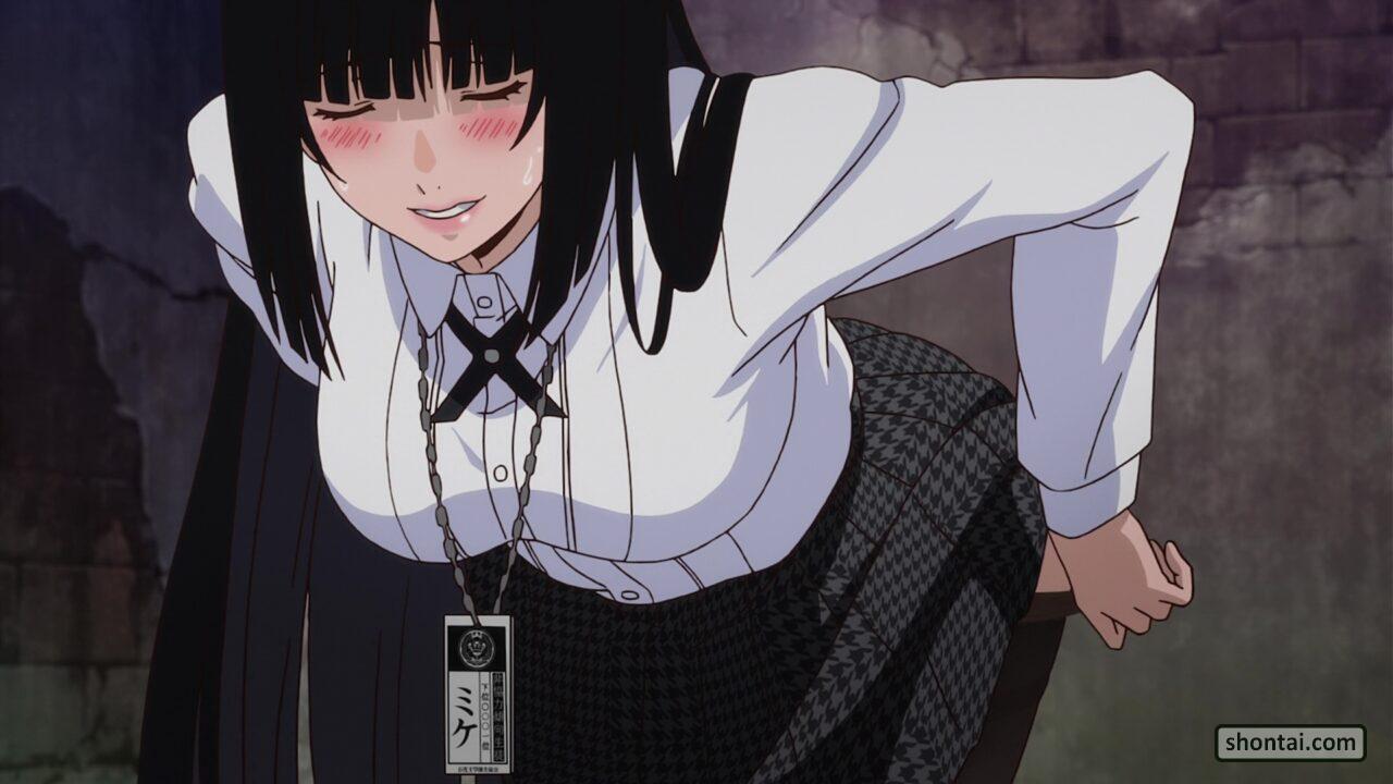 1girls, aroused, big breasts, breasts, embarrassed, female, female human, human, jabami yumeko, kakegurui, large breasts, light-skinned female, official art, school uniform, screencap, teenage female, teenager, undressing