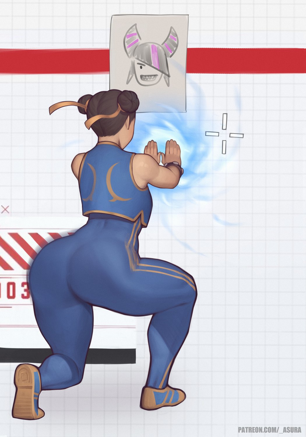 1girls, action pose, ass, asura (artist), big ass, capcom, chun-li, crossover, female, goddess of victory: nikke, hair bun, hair ribbon, huge ass, kneeling, street fighter, street fighter 6, street fighter alpha