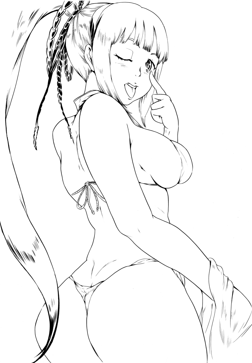 1girls ass ass_cleavage big_ass big_breasts bikini breasts bubble_butt busty butt_crack dat_ass dimples_of_venus female female_only hair_ribbon highres large_breasts long_hair looking_at_viewer looking_back majikina_mina mocking monochrome one_eye_closed open_mouth ponytail ribbon samurai_shodown sensual sideboob smile snk swimsuit thong_bikini tongue tongue_out voluptuous