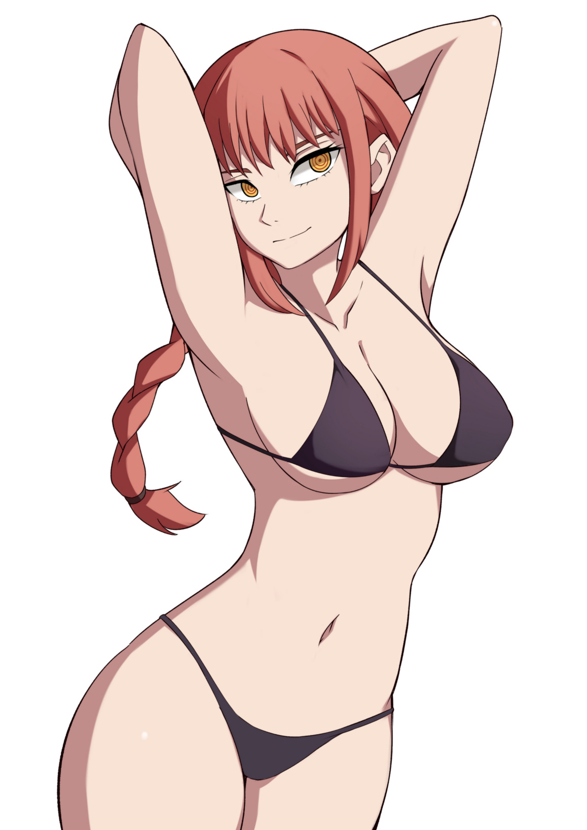 1girls, armpits, arms behind head, big breasts, bikini, braid, breasts, busty, chainsaw man, cleavage, female, female only, highres, large breasts, legs, looking at viewer, makima (chainsaw man), navel, pose, purple bikini, red hair, smile, solo, swimsuit, thighs, yellow eyes