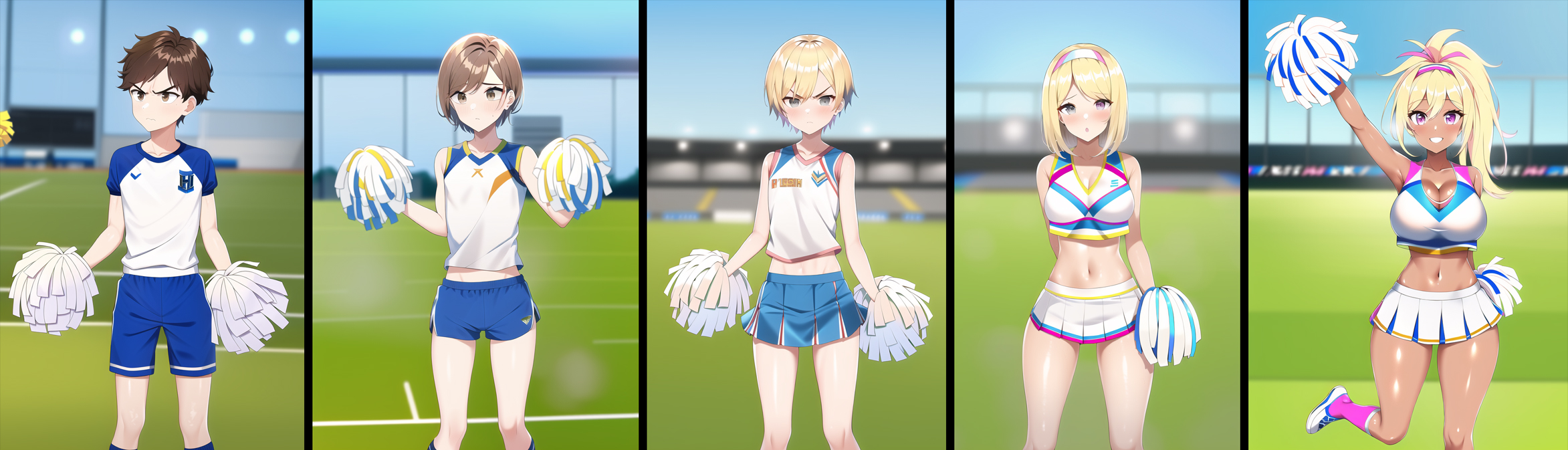 ai generated, ass expansion, before and after, bimbo, bimbofication, breast expansion, breast growth, breast growth (enlargement), breasts, cheerleader, cheerleader uniform, crossdressing, female, feminization, gender transformation, genderswap, genderswap (mtf), gyaru, hair growth, midriff, mind control, mm tfs, nai diffusion, navel, rule 63, sequence, stable diffusion, tanned, transformation, transformation sequence, wide hips