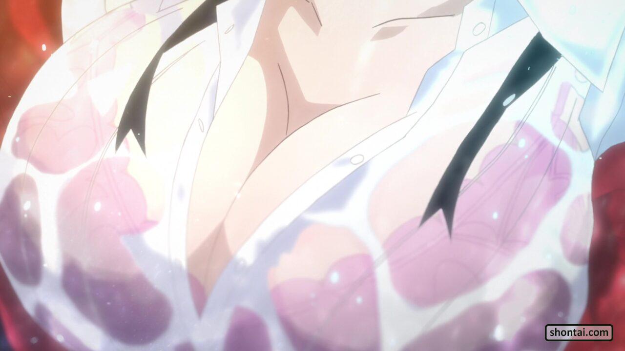 bra, bra visible through clothes, breasts, cleavage, female, huge breasts, jabami yumeko, kakegurui, official art, pink bra, school uniform, screencap, translucent clothing, wet clothes
