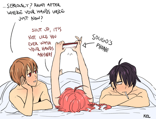 3boys after_sex arm_support blush brown_hair cigarette dialogue english_text gay gintama hair_over_one_eye kamui_(gintama) keltastalunta light_brown_hair looking_at_another male male_only mmm_threesome nude okita_sougo on_back on_bed on_stomach orange_hair phone purple_hair smoking smooth_skin sweat takasugi_shinsuke threesome yaoi