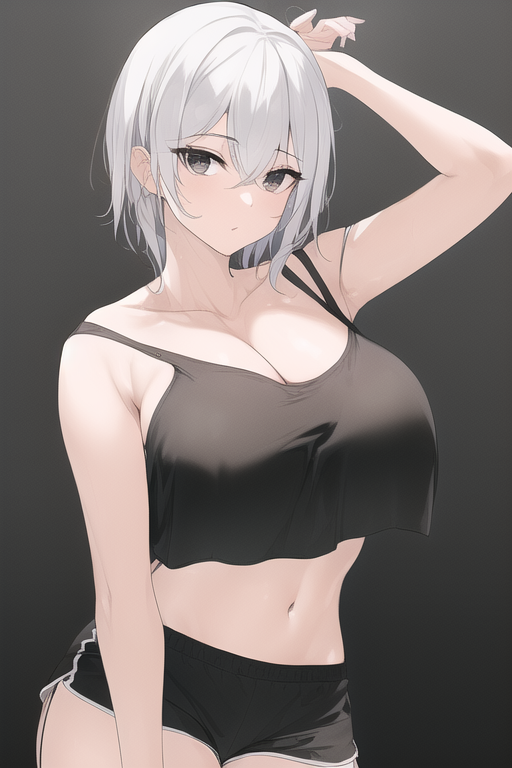 1girls, ai generated, baggy clothing, big, black eyes, black sports bra, breasts, dolphin shorts, female, hands behind head, huge breasts, loose clothes, nai diffusion, original character, roblox, roblox avatar, self upload, short hair, stable diffusion, white hair