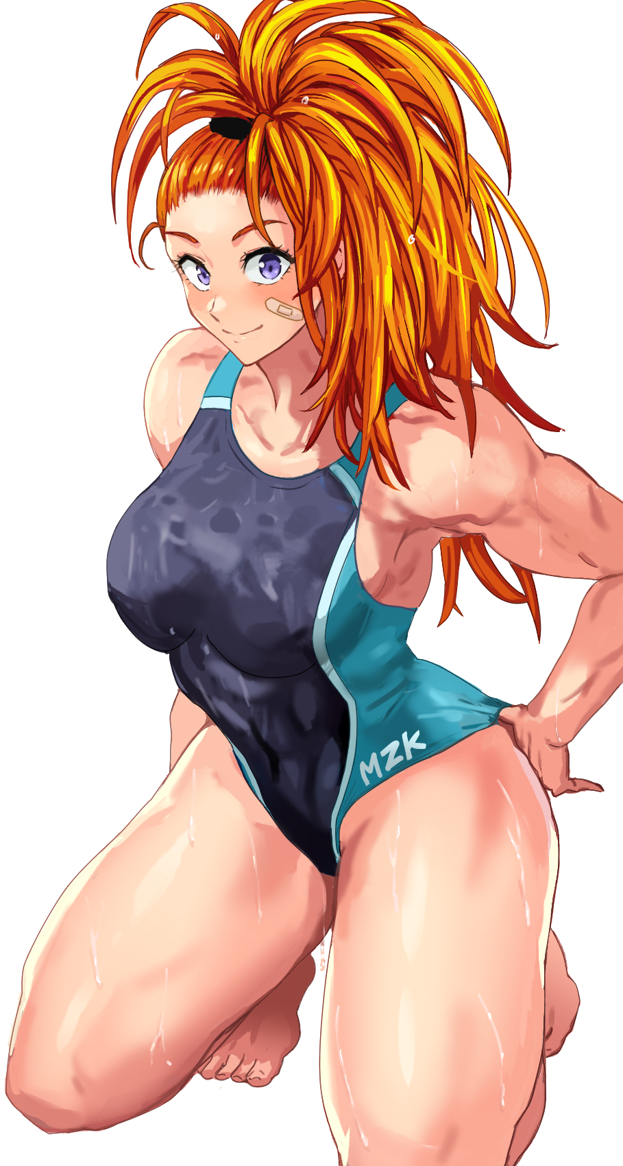 1girls, abs, adjusting clothes, adjusting swimsuit, bandaid, bare legs, bare shoulders, barefoot, biceps, big breasts, black swimsuit, blue swimsuit, blush, breasts, captain mizuki, daraz18aka, female, hi res, light skin, light-skinned female, long hair, looking at viewer, muscular, muscular arms, muscular female, muscular legs, on knees, one-piece swimsuit, one-punch man, orange hair, pinup, ponytail, purple eyes, simple background, smile, swimsuit, swimsuit pull, thick thighs, tight clothing, two-tone swimsuit, very long hair, water, wet, white background